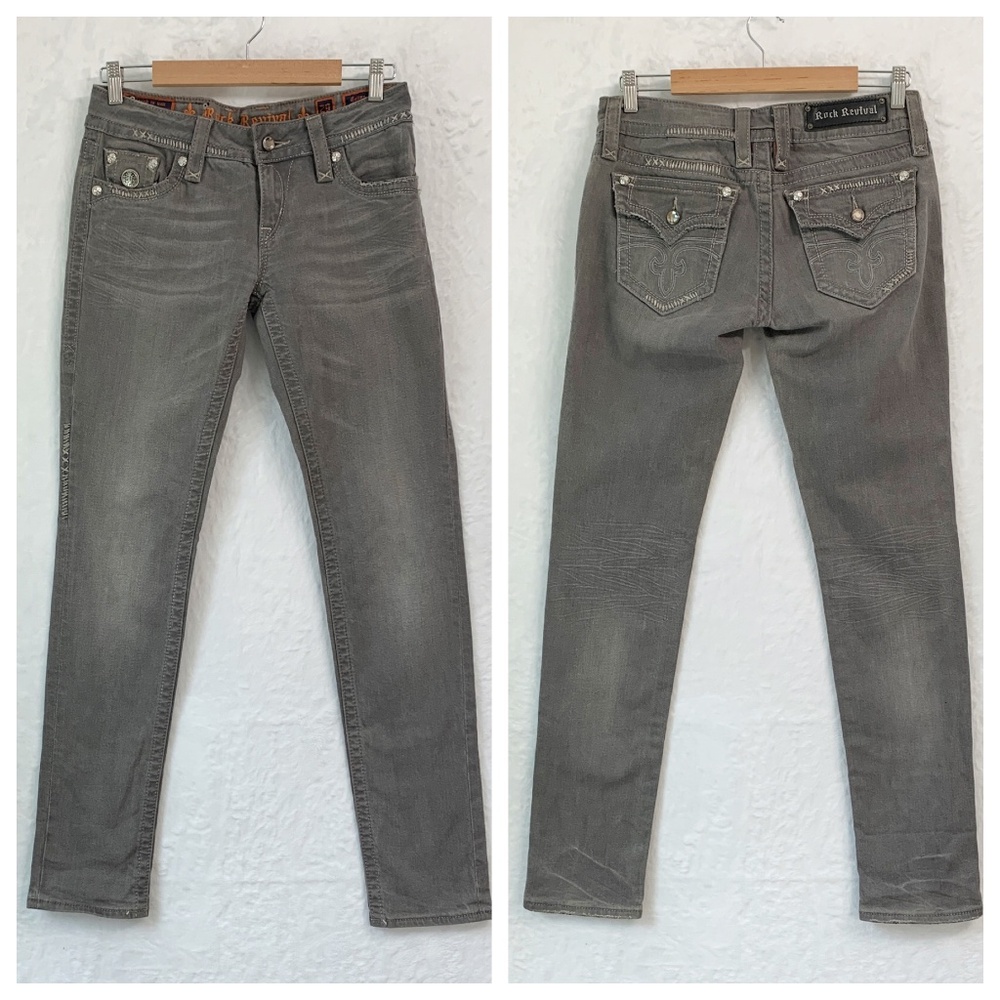 Rock Revival Celine Skinny Grey Wash Flap Pocket Jeans Sz 29 x 33" Inseam